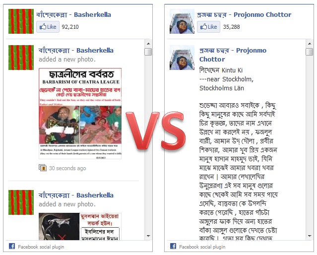 কিছু প্র,স্ন প্রা,,য় মনে জাগে কিন্তু ,,, কিছু প্রস্ন প্রা,য় মনে জাগে কি,ন্তু উ,,,খুজে পাই,,না। প্রস্নগুলা লিখার আগে কিছু কথা বলেনি,, জানি, এই লিখাটা পড়ে অনেকেই আমাকে বলবেন আমি শাগু কিংবা ভারতের দালালি করছি ব,লে, মন্তব্য করবেন। কিন্তু এই লিn,খাটা তে আমি কারও পক্ষেই লিখব ,না বরং কিছু জরিপ এর ফল এখানে দিব। বাংলাদেশে প্রতিটি মানুষই কম বেmচায়। এই যুদ্ধাপরাধি নিয়েm অনেক,,তর্ক-বিতর্ক হয়েগেছে। এনিয়ে আর কোন কথাও নয়, মুল বিষয়ে চলে আশা যাক। মুল বিষয় হচ্ছে ,এই দুই পক্ষেরই দাবী তাদের পক্ষে দেশের সব মানুশ বা বে,র, ভাগই তাদের পক্ষে। তাই আমি জর গলায় আর বলব না কার বা কাদের দলে বেশি, মানুষ তার চেয়ে বরং অনলাইনের ভিবিন্ন এক্টিভিটিmসের তুলনা ক, দেখে নেওয়া, যাক কার বা কাদের পক্ষে বেশি মানুষ। ,,আশি এই দুই মে,রুর দুই পক্ষের দুটি ফেসবুক ফ্যনপেজ এর তুলনা করি। প্রথম পক্ষ এদের প্রজন্ম চত্বর , এদের অফিশিয়াল ফ্যনপেজ "।। প্রজম্ম চত্বর - শাহবাগ ।।" ( httmp://www.facebook.com/www.projonmochottorsahbagjr ), এই পেজটি প্রায় ২মাস যাবৎ চলছে এবং দেশের প্রায় হাতেগোণা ৮০%-৮৯% মেডিয়া উনাদের পেজটির পরিচয় সাধারনের ,কাছে তুলে ধরেছে। শুরুতে এর 200,000+ লাইকার এবং 200,000+ অ্যাক্টিভ মেম্বার ছিল কিন্তু বর্তমানে পেজটির লাইক কমে 131,314 আছে ,এবং 121,775 অ্যাক্টিভ মেম্বার রয়েছে(131,314 likes · 121,775 talking about this)। অর্থাৎ খুব দ্রুত ,,মেম্বার এবং লাইকার হ্রাস পাচ্ছে। ,, কিন্তু অপরদিকে ",বাঁশে,র,কেল্লা , Basherk,থ্য এখানে চিত্রের মাধ্যমে তুলে ধরা হল।) , (বাংলাদেশের,,,মার মুল প্রশ্নে "তাহলে, কি দেশের বেশির ভাগ মানুষই শাগু, রাজাকার?" নাকি "নাকি ফেসবুক এর মালিক জুকার্বার্গও রাজা,কের,দল, নিয়ে মিথ্যা ফলাফল দেখাচ্ছে?" এবার আপনি হয়ত বা বলবেন অনালাইনের সাথে বাস্তব জগৎ এর কোন মিল নেই বা বাস্তব জগৎ -এ কোন মুল্য নেই। তাহলে আরেকটি, প্রশ্ন চলে,আসে ,র এই তর্ক,রুতেই কিন্তু ,বলা হয়েছিল এ,ই আন্দলন ত,রুন অ,ইন বলা,র দের, হচ্ছে যে অনলাইন বিশ্বে একটা পক্ষ সু-স্পষ্ট ,। আর শুধু শুধু এক পক্ষ হেরে হেরেগেছে বলে যদি আমাকে ,শাগু, রাজাকার, শিবির কিংবা অন্য কিছু বলেন তাহলে আমি দুঃখিত কারন আমি ফেসবুকের মালি,ক নই কিংবা জুকার্বার্গের সাথে আ,মার কোন কালে,র কোন সম্পর্ক নেই তাই আমিও চাইলেও এই ফলাফল পরিবর্তন করা সম্ভব নয়। লেখাটা পড়ার জন্য ধন্যবাদ। (আরও কিছু বড় বড় ফ্যাসবুক ফেনপেজ যারা এ,ই তর্কে-বিত,র্কে অং,শ গ্রহন করছে। ), ,, আর ,অপনি চাইলে আপনার ,জানা অন্নান তর্কে-বিতর্কে ,অংশ গ্রহন করা ,ফ্যাসবুক ফেনপেজ গুলার লিন্ক,, নাম এখানে দিতে পারেন পরবর্র্তিতে লিখার সময় কাজে আসবে। ,